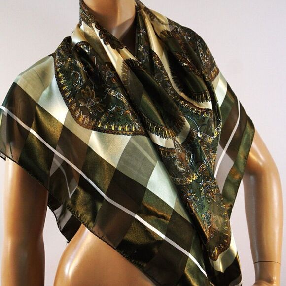 Fashion BanDo Womens Scarf Geometric Floral 40 x 40 Square Green Brown - Picture 6 of 11